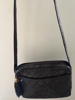 CHANEL Black Quilted Lambskin Crossbody with Tassel
